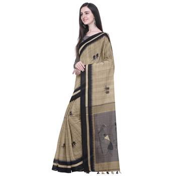 Beige Printed Linen Saree With Blouse 2