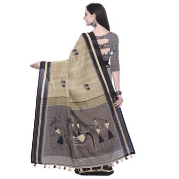 Beige Printed Linen Saree With Blouse 3