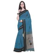 Blue Printed Linen Saree With Blouse