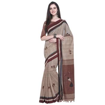 Beige Printed Linen Saree With Blouse 1