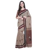 Beige Printed Linen Saree With Blouse