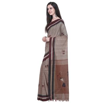 Beige Printed Linen Saree With Blouse 2