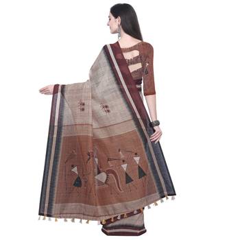 Beige Printed Linen Saree With Blouse 3