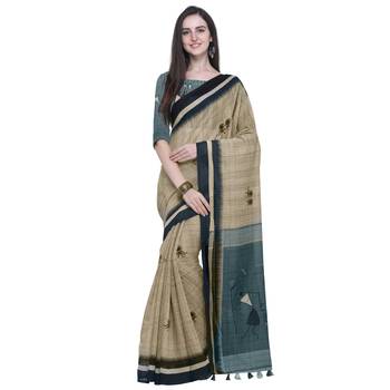 Beige Printed Linen Saree With Blouse 1