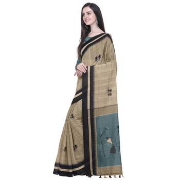 Beige Printed Linen Saree With Blouse 2