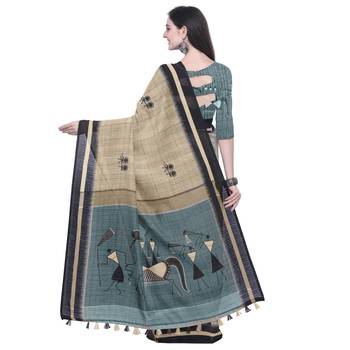 Beige Printed Linen Saree With Blouse 3