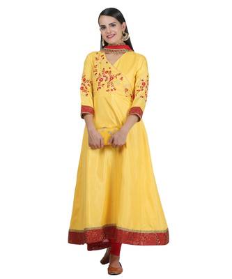 Yellow Embroidered Dupion Readymade Suits 1
