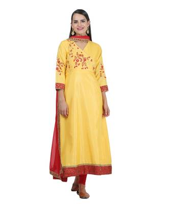 Yellow Embroidered Dupion Readymade Suits 2
