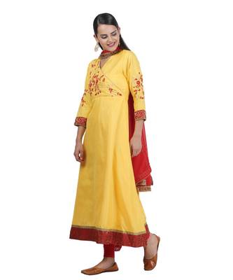 Yellow Embroidered Dupion Readymade Suits 3