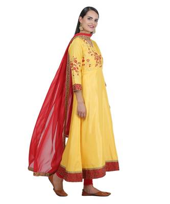 Yellow Embroidered Dupion Readymade Suits 4