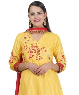 Yellow Embroidered Dupion Readymade Suits 6