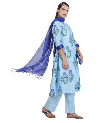 Turquoise Embroidered Cotton Readymade Suits 1