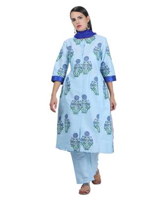 Turquoise Embroidered Cotton Readymade Suits 2