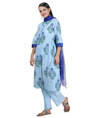 Turquoise Embroidered Cotton Readymade Suits 3