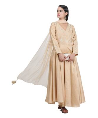 Beige Embroidered Cotton Readymade Suits 1