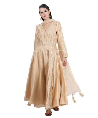 Beige Embroidered Cotton Readymade Suits 2