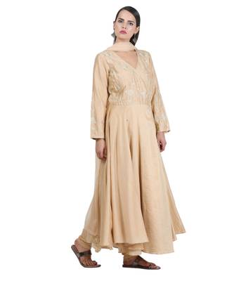 Beige Embroidered Cotton Readymade Suits 3