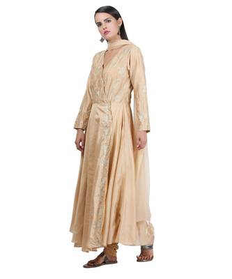 Beige Embroidered Cotton Readymade Suits 6