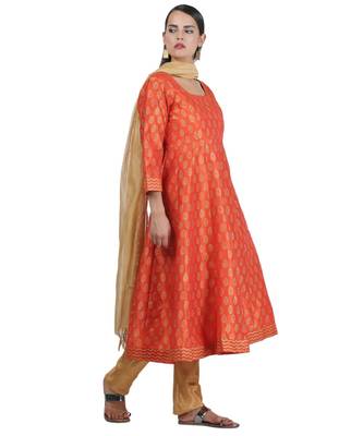 Orange Embroidered Dupion Readymade Suits 3