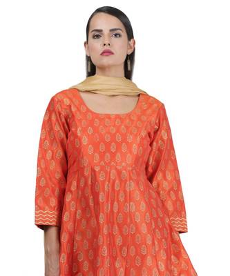 Orange Embroidered Dupion Readymade Suits 5