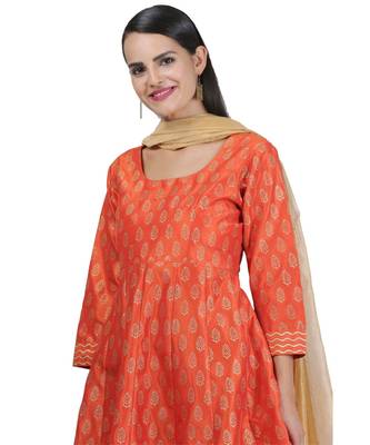 Orange Embroidered Dupion Readymade Suits 6