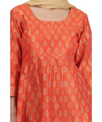 Orange Embroidered Dupion Readymade Suits 7