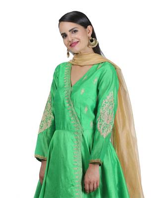 Green Embroidered Dupion Readymade Suits 7