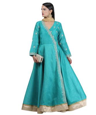 Blue Embroidered Dupion Readymade Suits 1