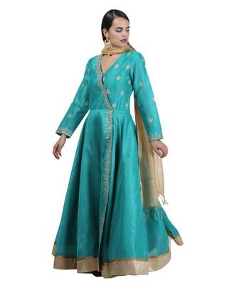 Blue Embroidered Dupion Readymade Suits 3