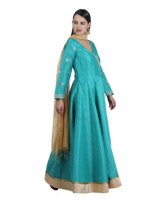 Blue Embroidered Dupion Readymade Suits 4