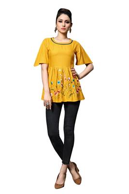 Yellow embroidered rayon tunic tops 1