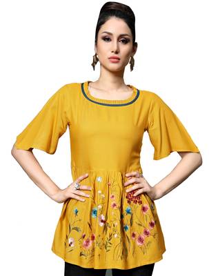Yellow embroidered rayon tunic tops 2