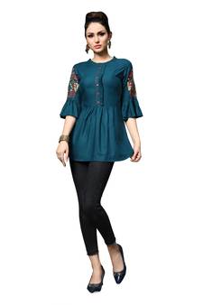 Blue embroidered rayon tunic tops