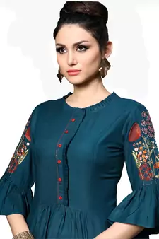 Blue embroidered rayon tunic tops