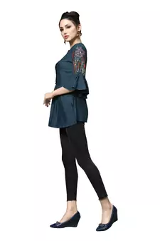 Blue embroidered rayon tunic tops