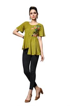 Green embroidered rayon tunic tops