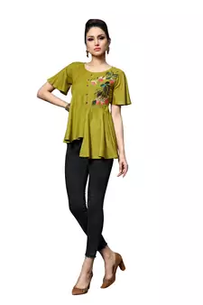 Green embroidered rayon tunic tops