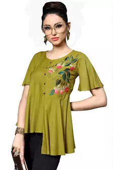 Green embroidered rayon tunic tops