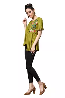Green embroidered rayon tunic tops