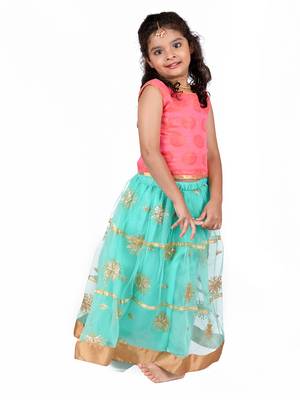 Pink & Green Sleeveless Brcoade Top And Net Lehenga Set 1