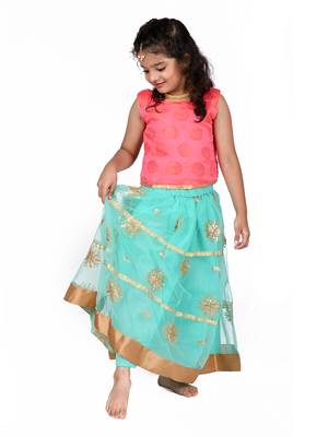 Pink & Green Sleeveless Brcoade Top And Net Lehenga Set 2