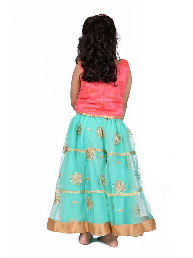 Pink & Green Sleeveless Brcoade Top And Net Lehenga Set
