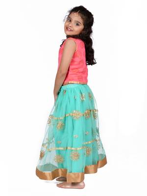 Pink & Green Sleeveless Brcoade Top And Net Lehenga Set 4