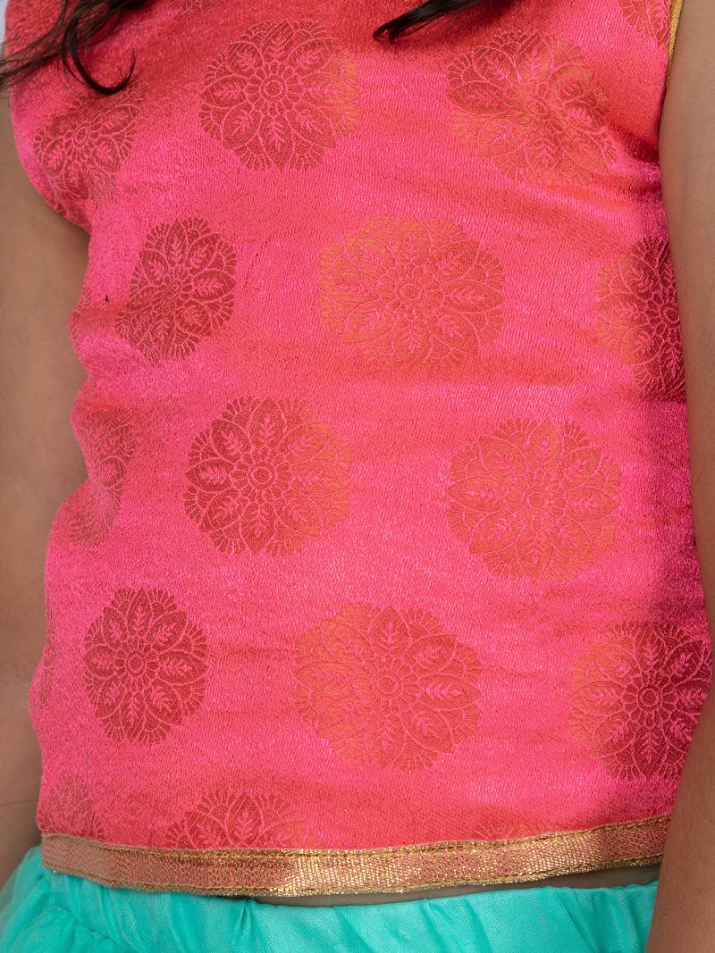 Pink & Green Sleeveless Brcoade Top And Net Lehenga Set