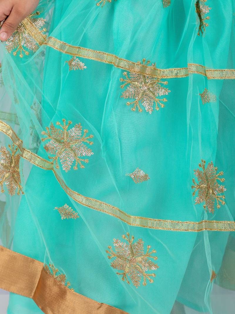 Pink & Green Sleeveless Brcoade Top And Net Lehenga Set