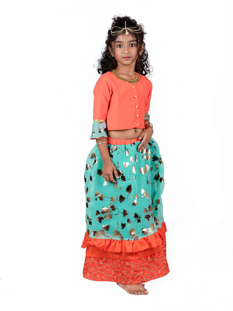 Orange & Green Organza Lehenga And Buttoned Top Set