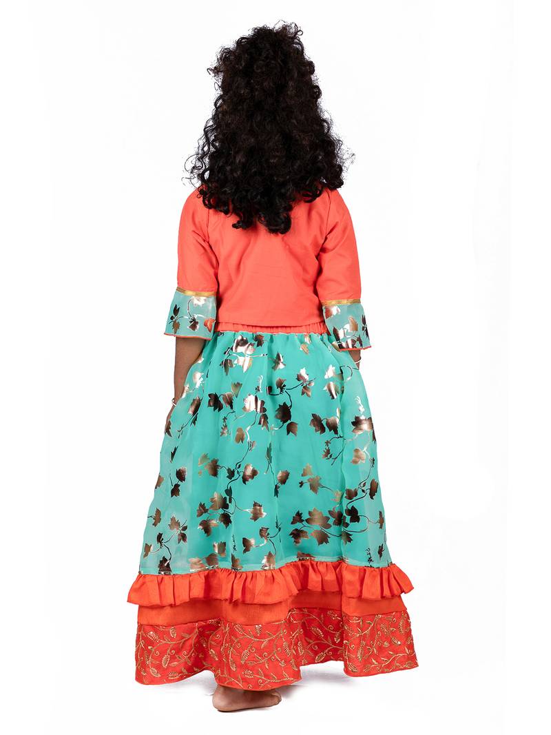 Orange & Green Organza Lehenga And Buttoned Top Set
