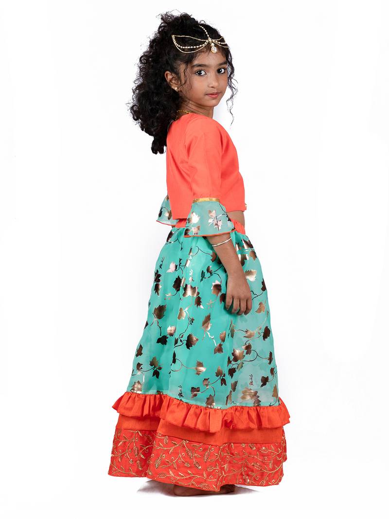 Orange & Green Organza Lehenga And Buttoned Top Set