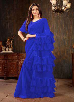Blue plain georgette ruffle saree with blouse 1