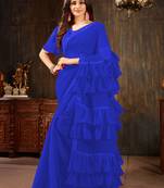 Blue plain georgette ruffle saree with blouse